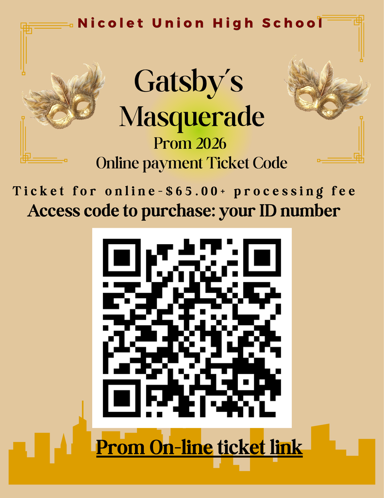 An advertisement for Nicolet Union High School's 2026 Gatsby's Masquerade Prom. It includes a QR code for online ticket purchases.