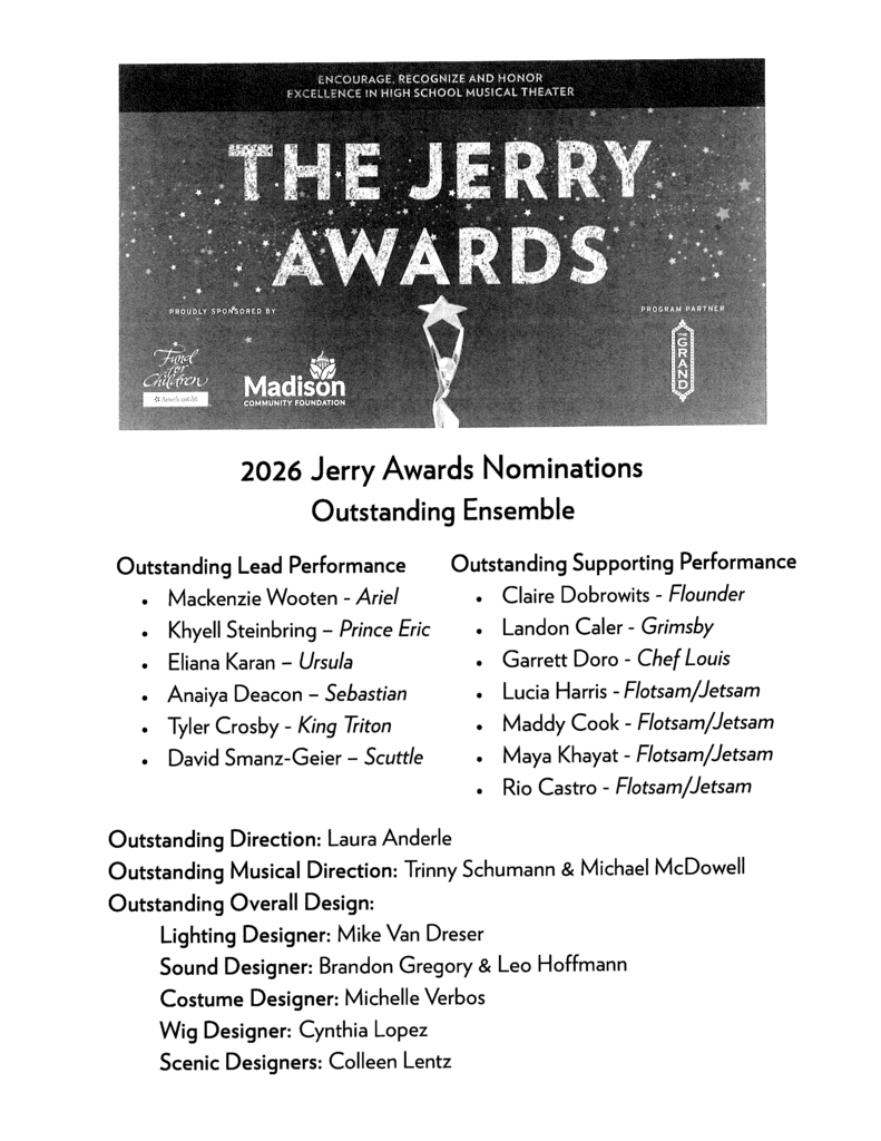 A document displays "2026 Jerry Awards Nominations". Categories include "Outstanding Lead Performance" and "Outstanding Supporting Performance". Names are listed under each category.