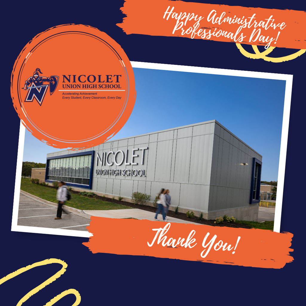 A building with Nicolet Union High School text, a logo, and a slogan. Two people walk past it.