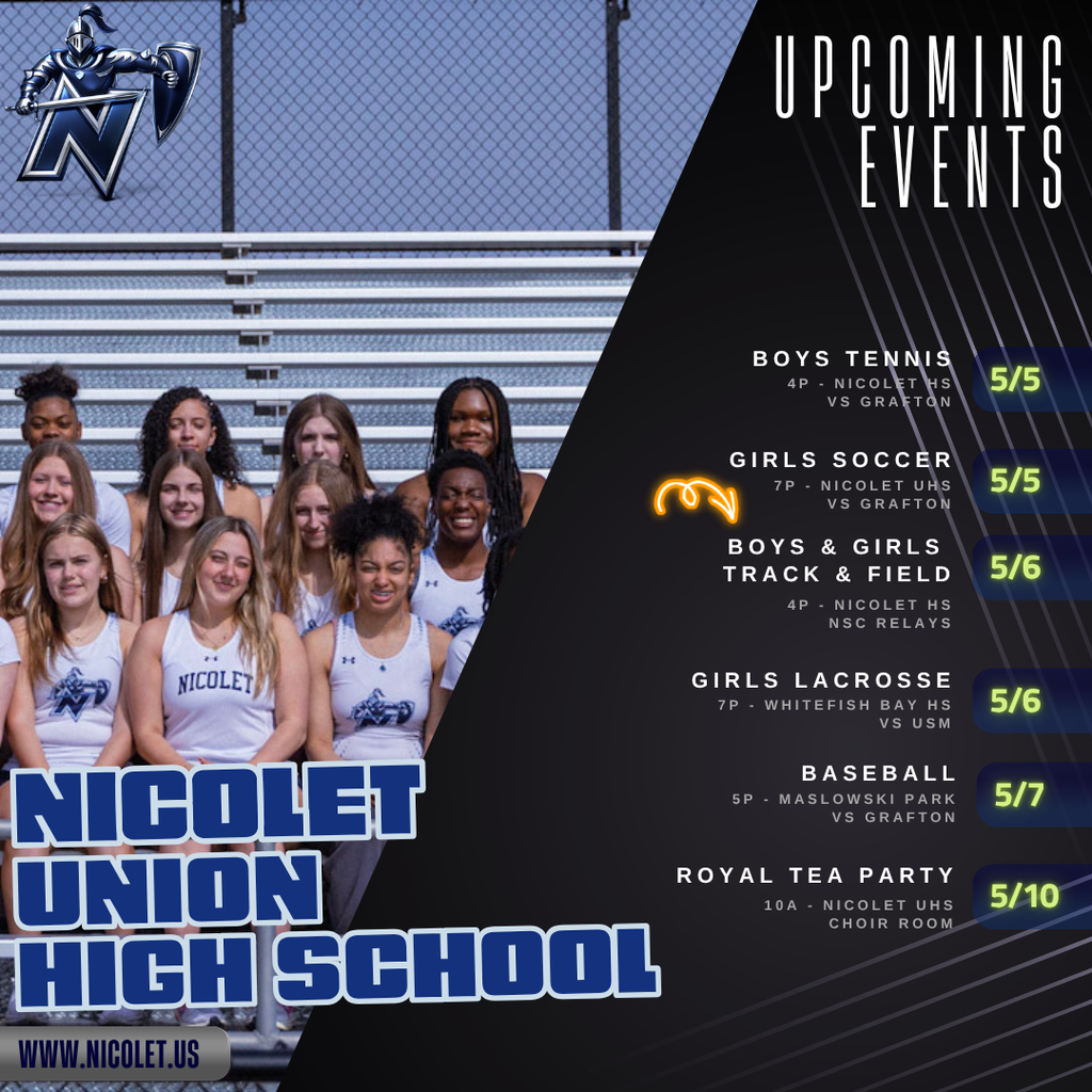 A school event flyer with a group of female athletes. "Upcoming Events" and dates are listed.