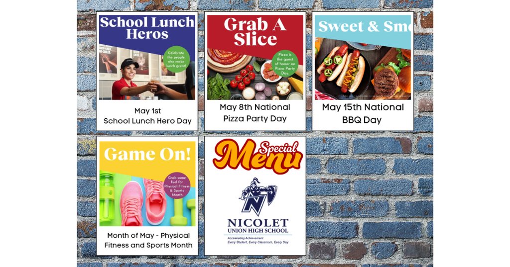 Five rectangular signs on a brick wall. Titles include "School Lunch Heroes", "Grab A Slice", "Sweet & Sm", "Game On!" and "Menu".