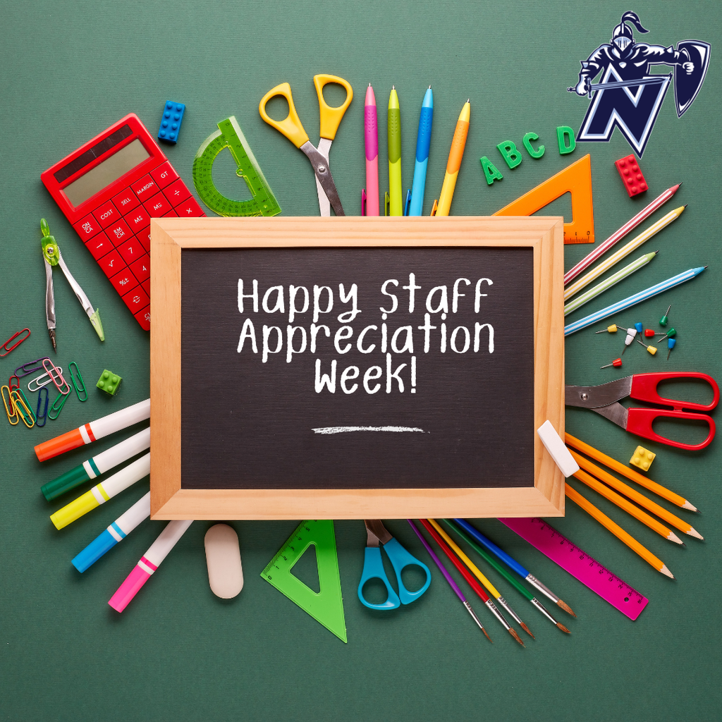 A blackboard displays "Happy Staff Appreciation Week!" surrounded by a colorful array of school supplies.