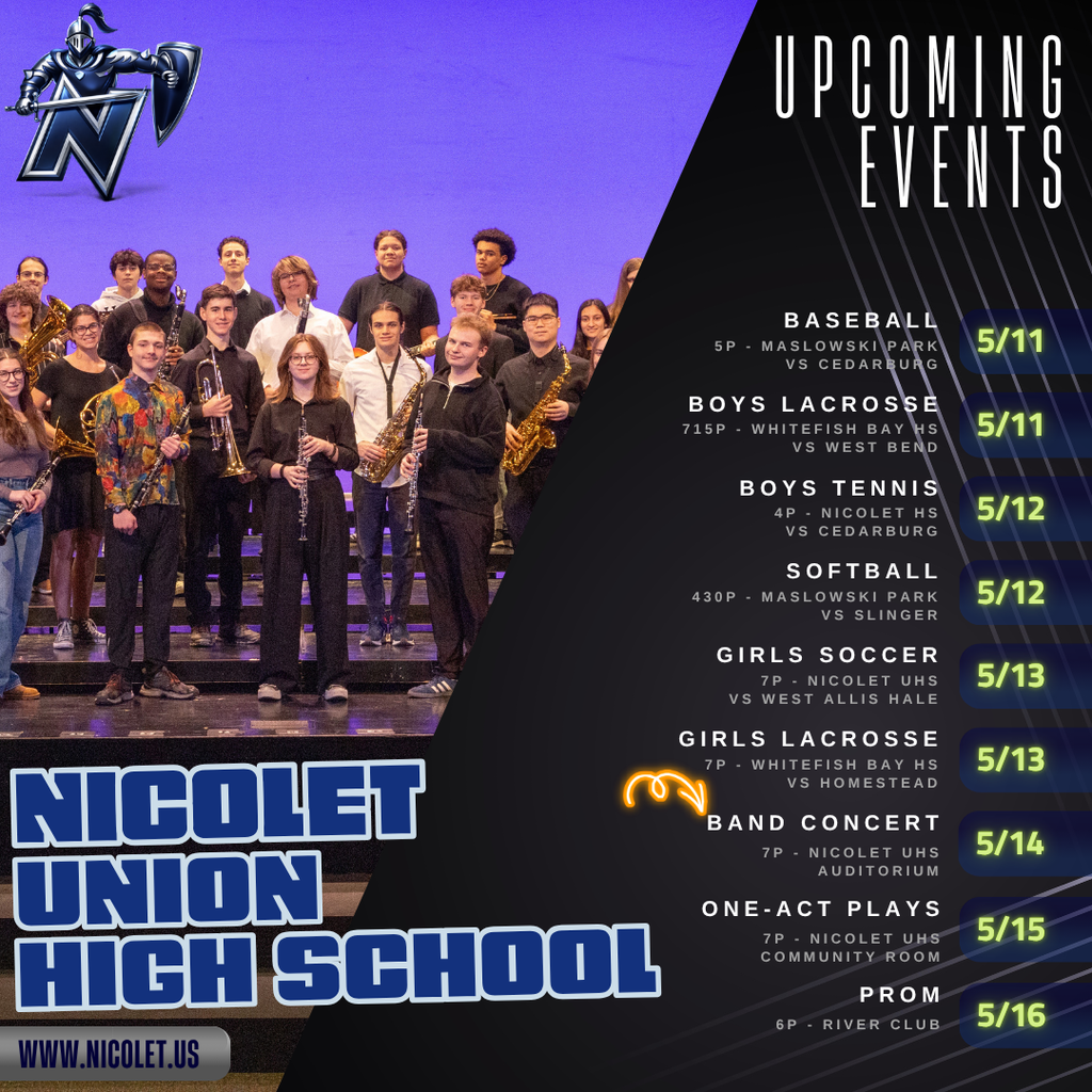 A poster with a group of people on stage with musical instruments, advertising upcoming events at Nicolet Union High School.