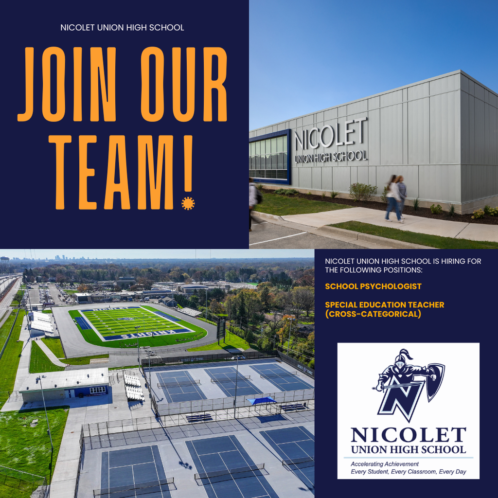 An ad for Nicolet Union High School showing a building, a football field, and a logo.