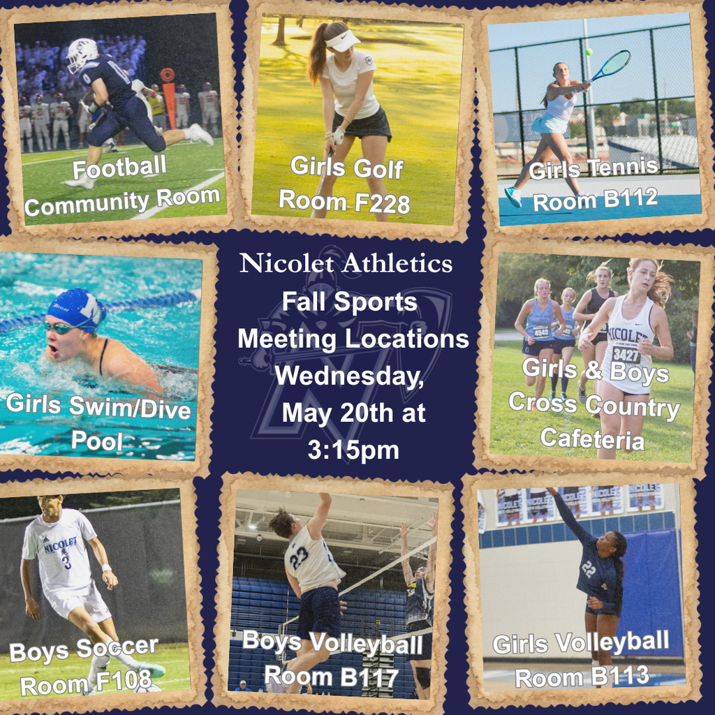 Multiple photos of athletes. A schedule of sports meeting locations. Sports include football, girls golf, girls tennis, swim/dive, cross country, soccer, boys volleyball, and girls volleyball.