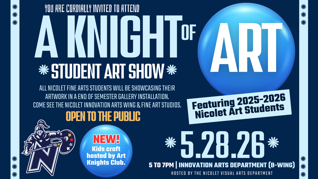 An advertisement for a student art show with the date May 28, 2026, and information about the event.
