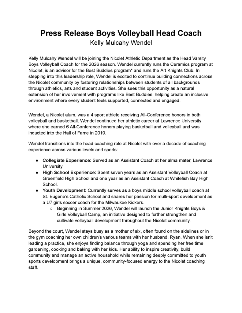 A document titled "Press Release Boys Volleyball Head Coach" details Kelly Mulcahy Wendel's appointment as Head Coach at Nicolet.