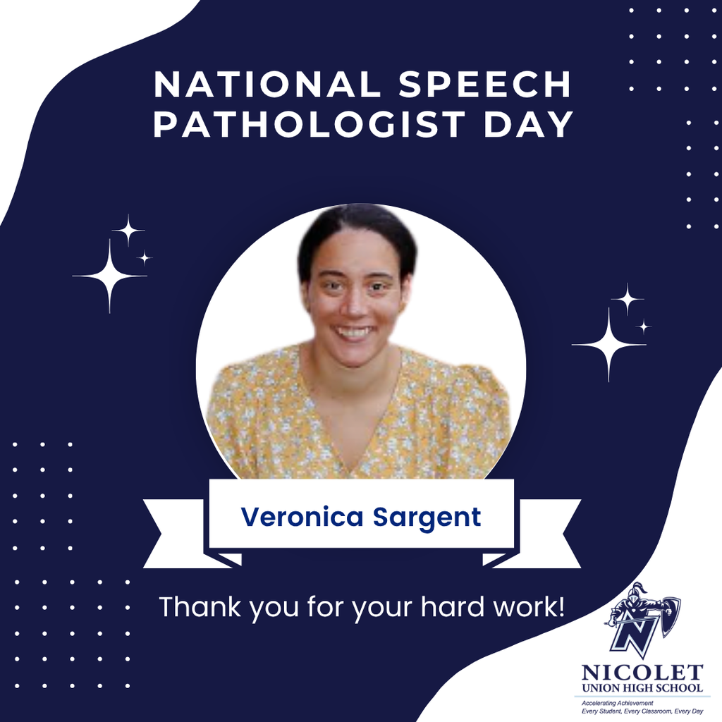 A poster celebrating National Speech Pathologist Day with a smiling woman in a yellow top, stars, and a white ribbon.