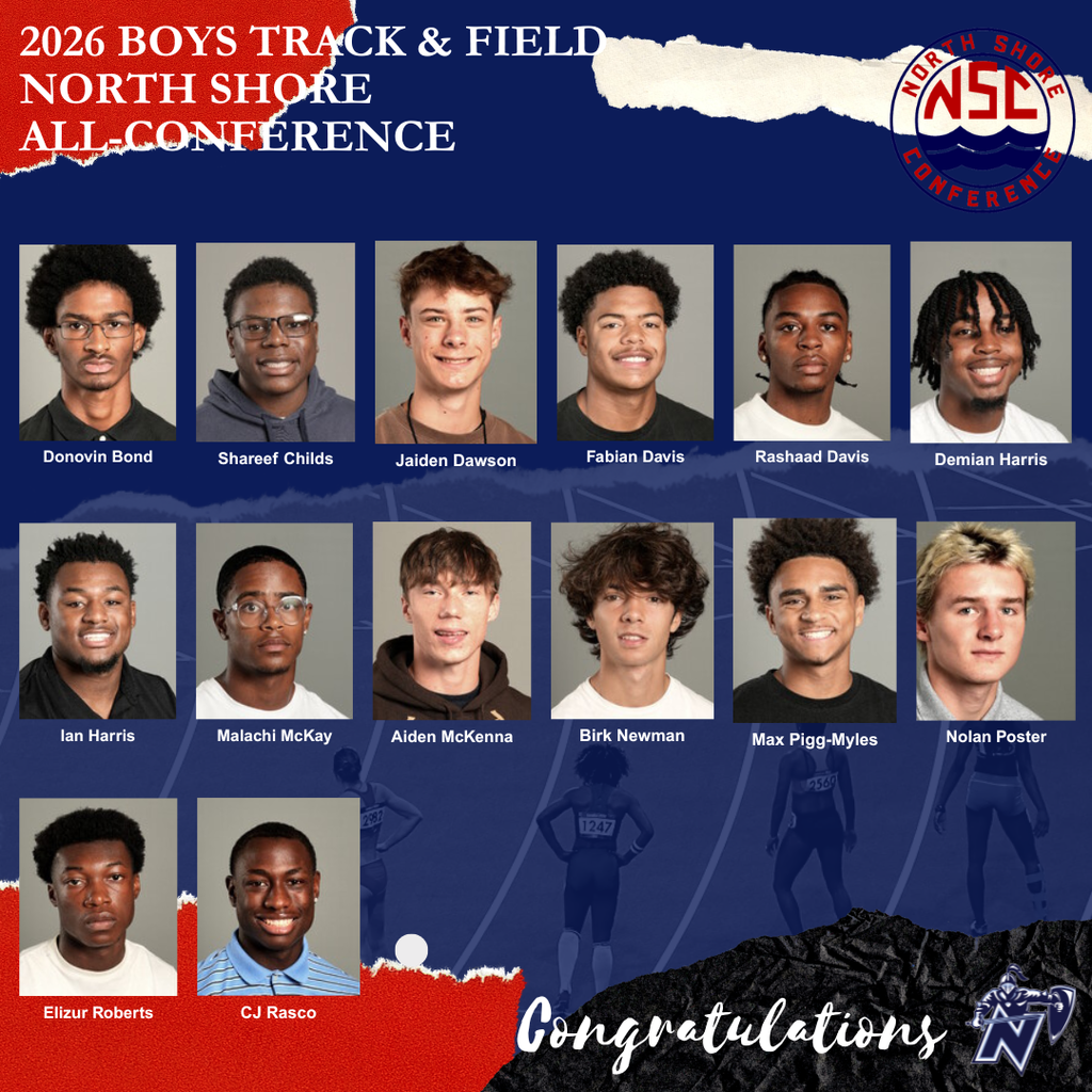 Grid of 16 headshots, text reads "2026 BOYS TRACK & FIELD NORTH SHORE ALL-CONFERENCE" and "Congratulations"