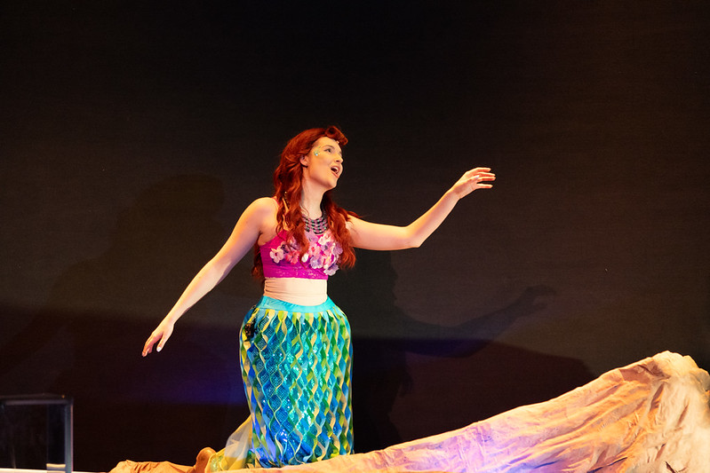 A woman wearing a pink top and green mermaid tail is performing on stage.
