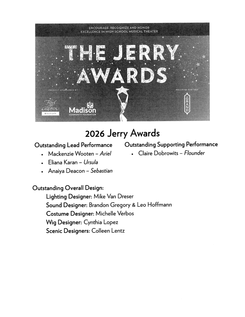 A black and white document with text and logos for the 2026 Jerry Awards, listing categories and winners.