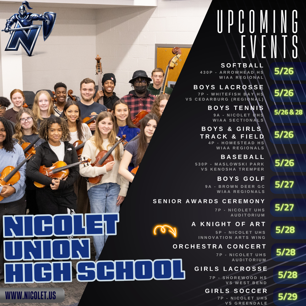 An advertisement for Nicolet Union High School upcoming events in May and June with a list of activities and dates.