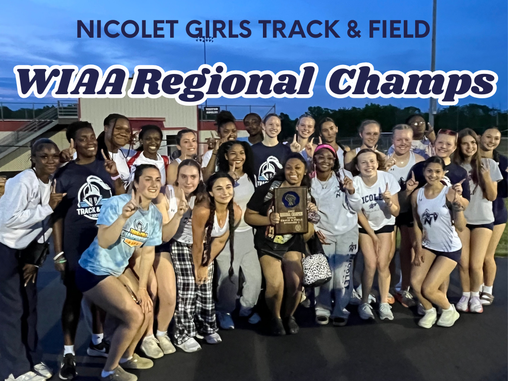 A group of female athletes in sports uniforms pose on a track, with a trophy held in the center.