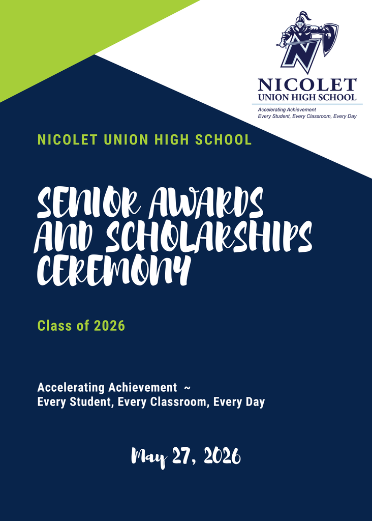 Blue and white backdrop with green trim displays a white text block. It reads "Nicolet Union High School".