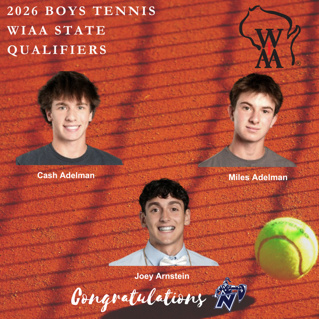 Three boys' tennis players on a red background. Below each player is their name: Cash Adelman, Miles Adelman, Joey Arnstein.