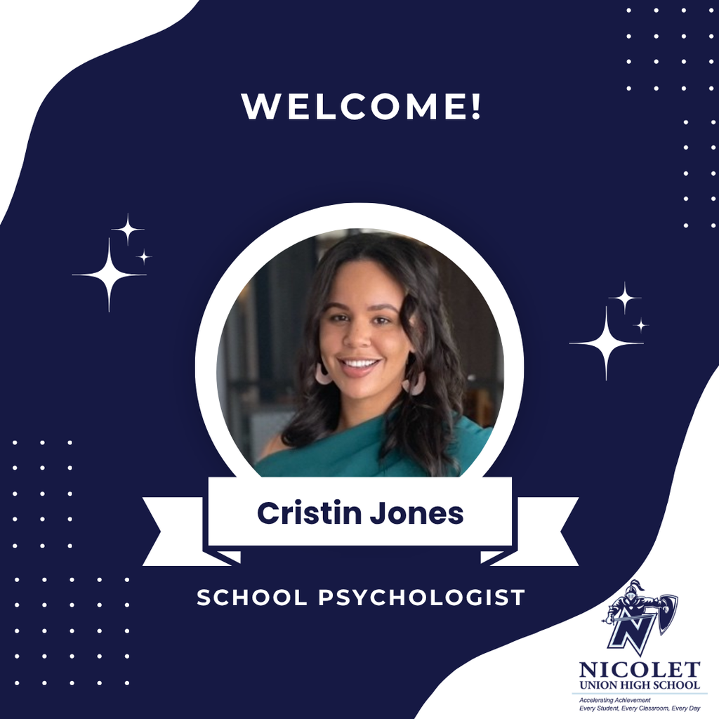 Blue and white design with "WELCOME!" text. Photo of a smiling woman named Cristin Jones, with "SCHOOL PSYCHOLOGIST" below her.