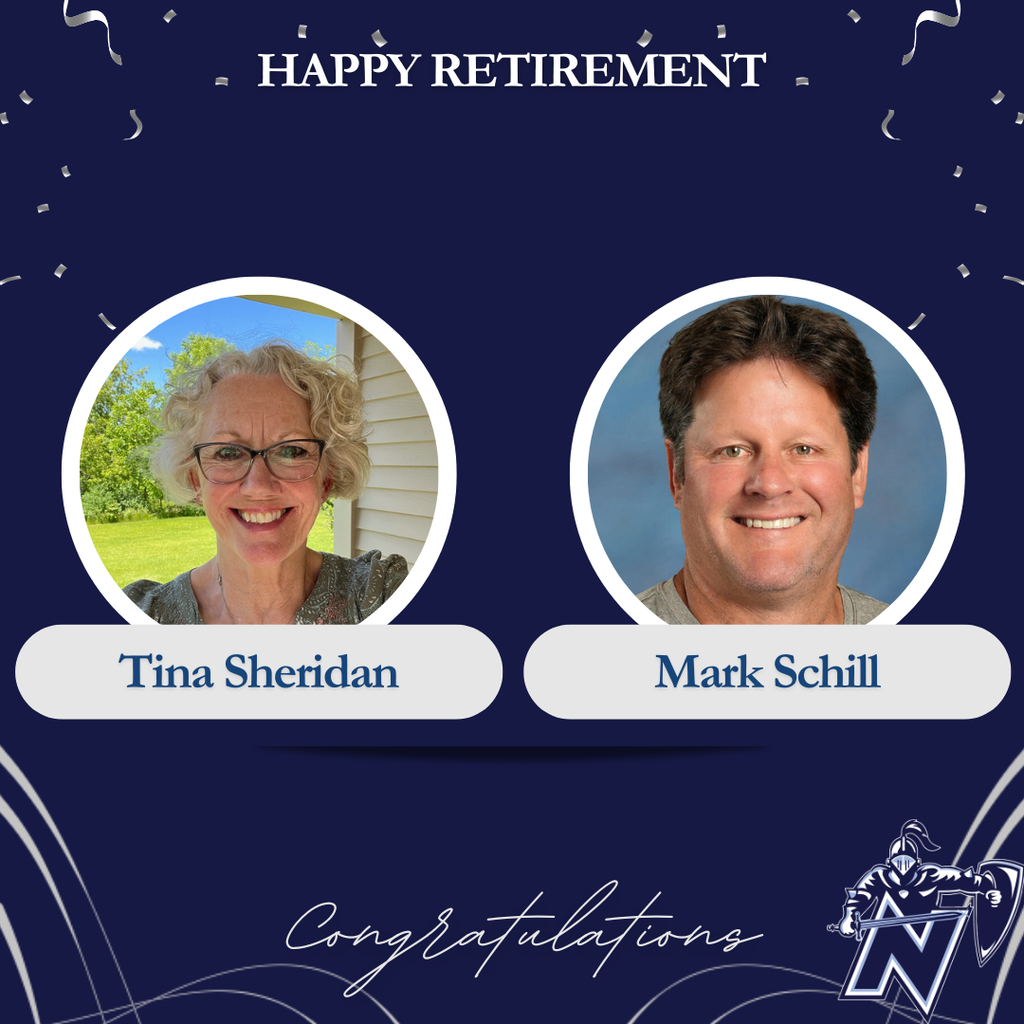 Two smiling people in circles with their names below. Blue background with white text. Words "Happy Retirement" and "Congratulations" at top.
