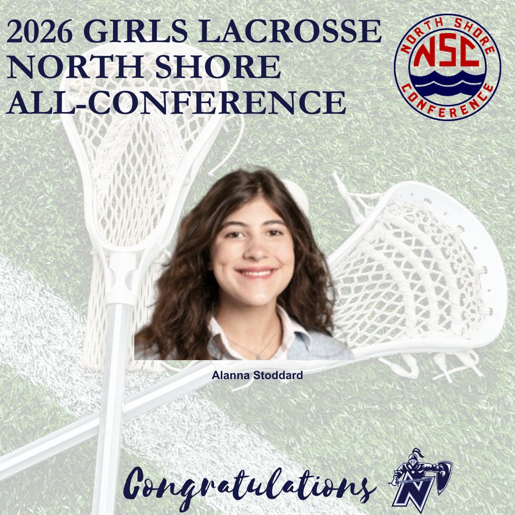 A poster with text "2026 Girls Lacrosse North Shore All-Conference" features a smiling female athlete in a lacrosse photo.