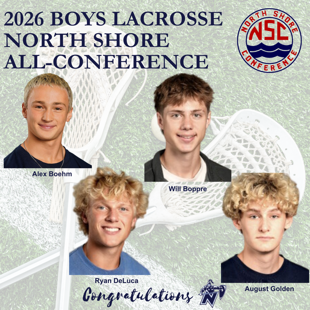 Four boys with blonde hair. They are smiling. The background is green. The text reads: 2026 Boys Lacrosse North Shore All-Conference.