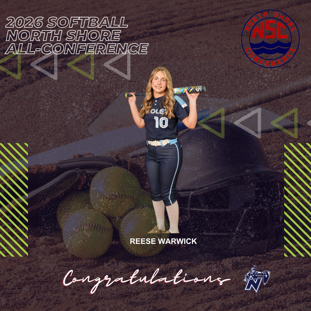 A woman holds a softball bat over her shoulders. Text reads "Congratulations, Reese Warwick." Baseball equipment surrounds her.