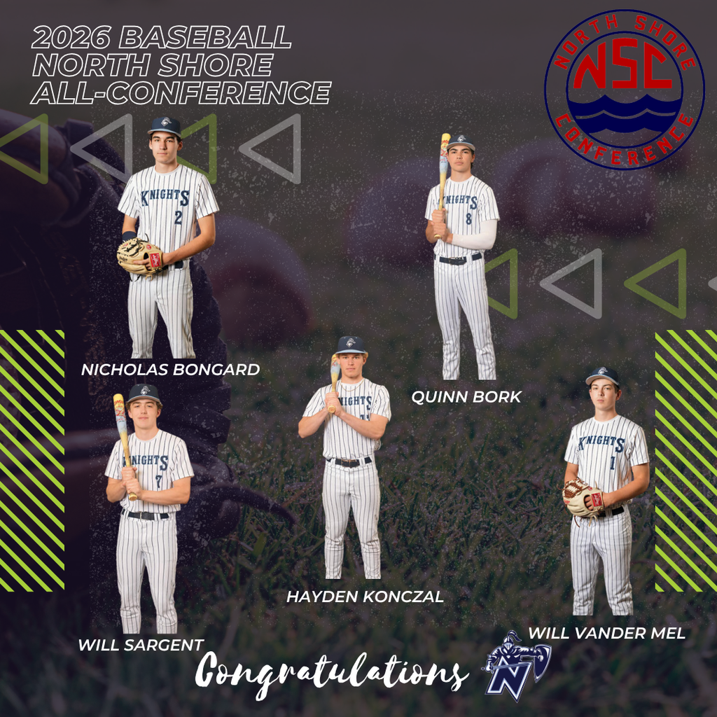 Five baseball players stand in a row. Names and "Congratulations" appear below. "2026 Baseball North Shore All-Conference" and a logo appear at the top.