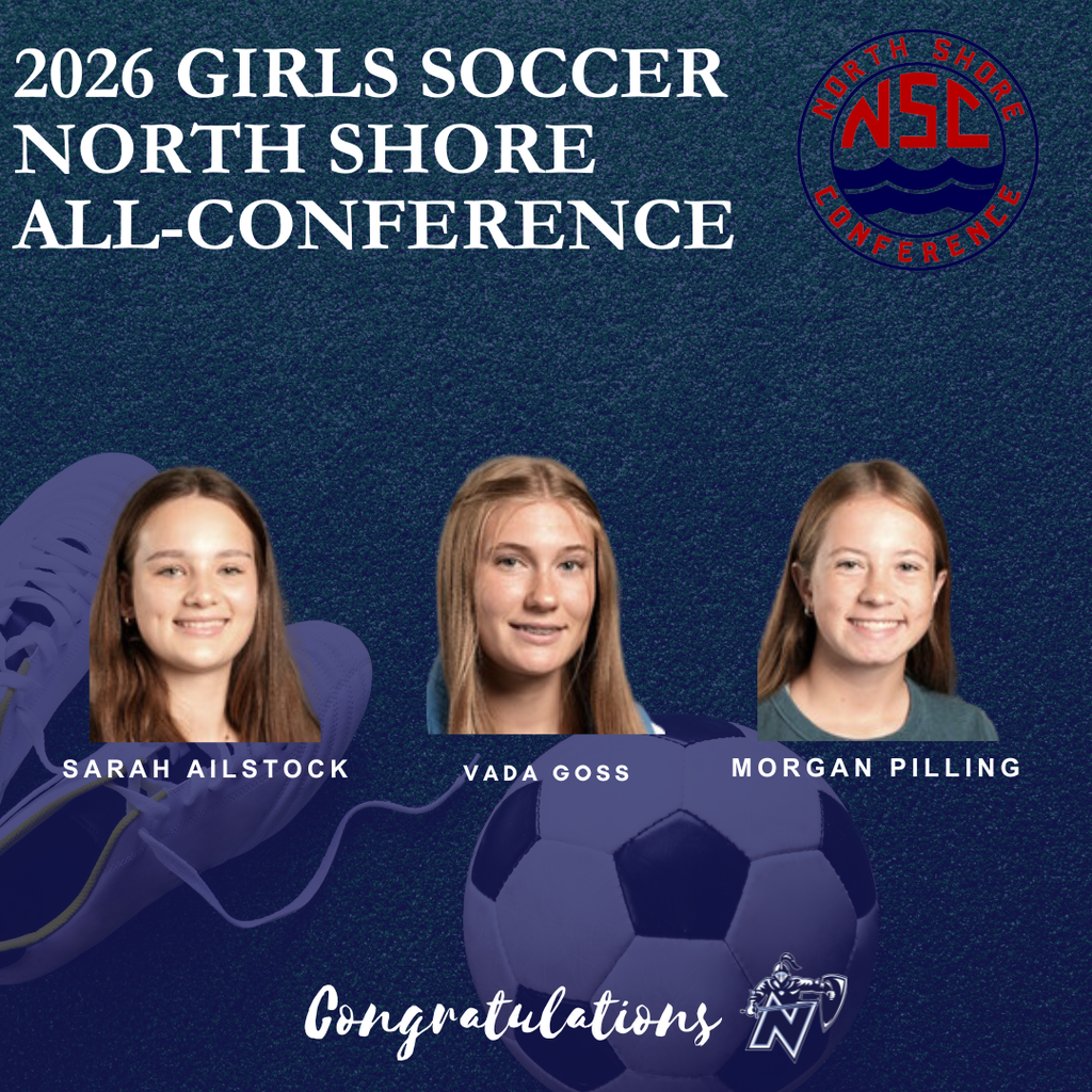 Poster with blue background featuring three young girls named Sarah, Vada, and Morgan, all smiling. Text reads "2026 Girls Soccer North Shore All-Conference."