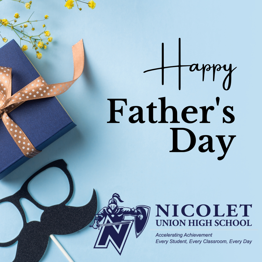 A poster says "Happy Father's Day" with a logo, blue background, a gift box, and a decorative mustache.