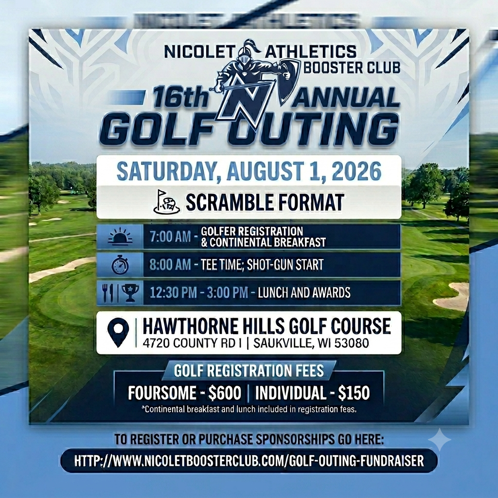 Event poster for the 16th Annual Golf Outing. Event time: August 1, 2026. Scramble format. Course: Hawthorne Hills Golf Course.