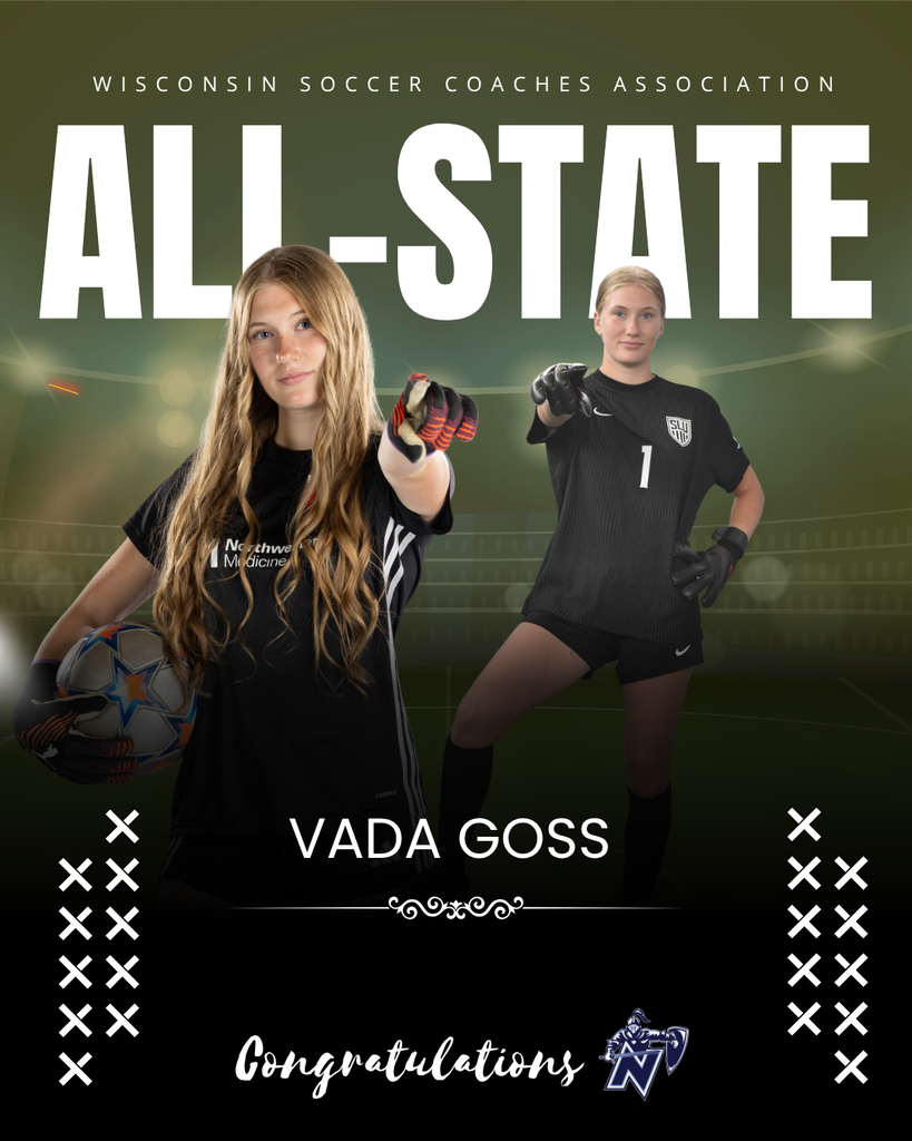 Poster shows two female soccer players, one holding a ball. The title reads "All-State" and names "Vada Goss" with congratulations below.