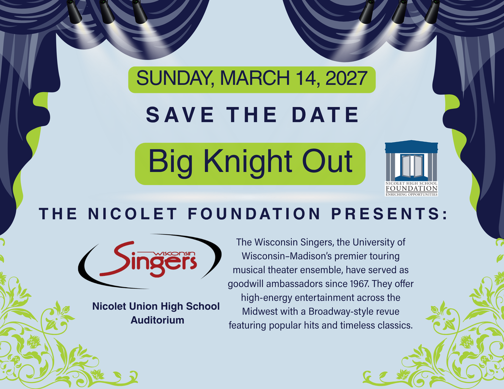 An announcement poster for a Nicolet Foundation event on March 14, 2027. Features spotlights and a blue curtain.
