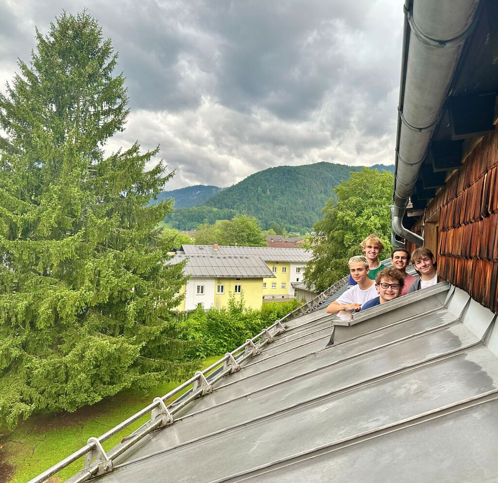 Several people peek from the edge of a roof; a tree, buildings, and mountains are in the background.