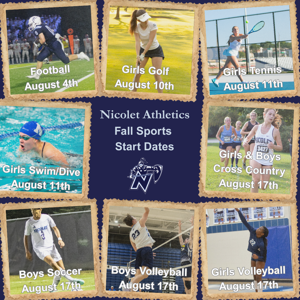 A schedule for fall sports in Nicolet. Football on August 4th, girls golf on August 10th, and girls tennis on August 11th.