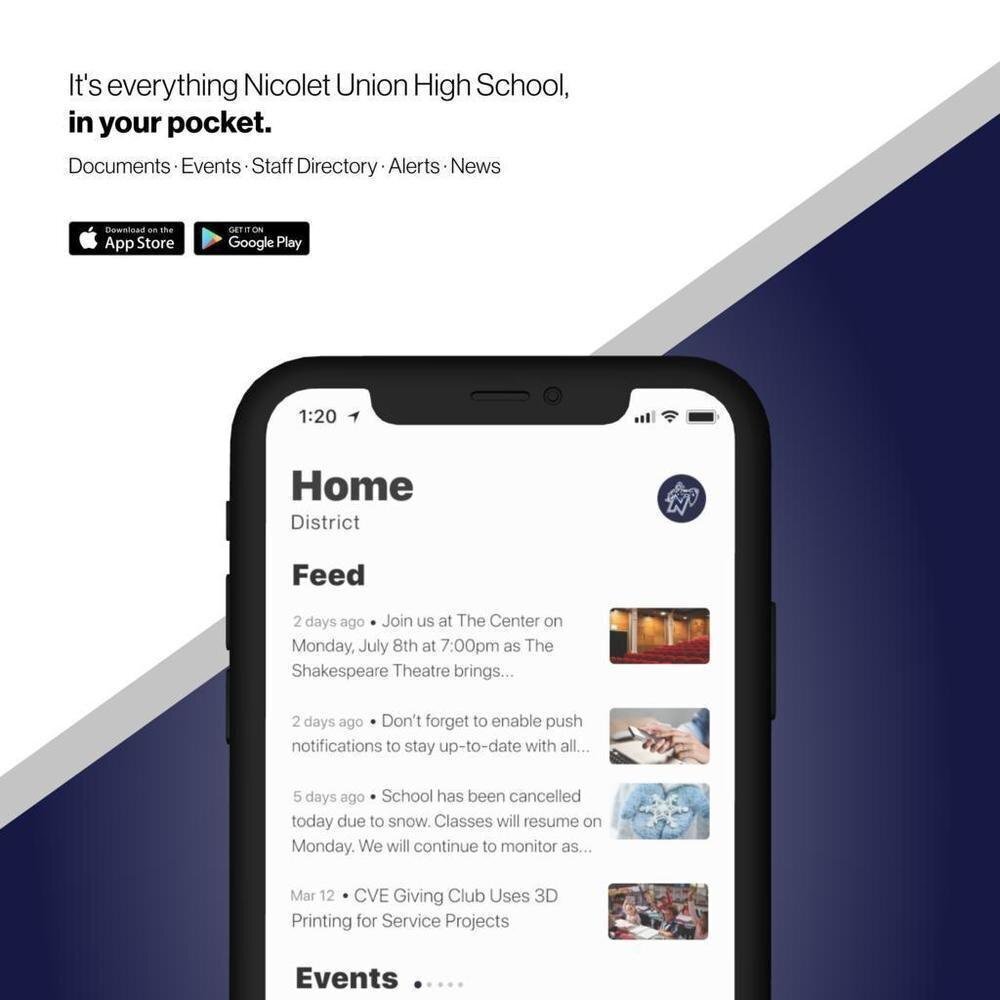 A smartphone screen shows the Nicolet Union High School app, displaying categories like Home, Feed, and Events.