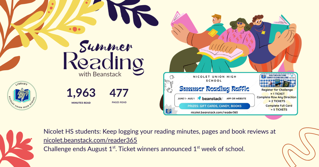 An illustration shows people reading with text "Summer Reading with Beanstack" and numbers. A ticket design has text "Summer Reading Raffle" and numbers.