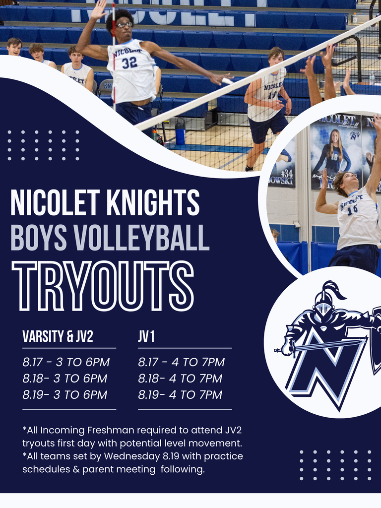 Volleyball tryouts for Nicolet Knights boys' varsity and junior varsity. Two players jumping, one jumping, and one reaching to hit a ball.