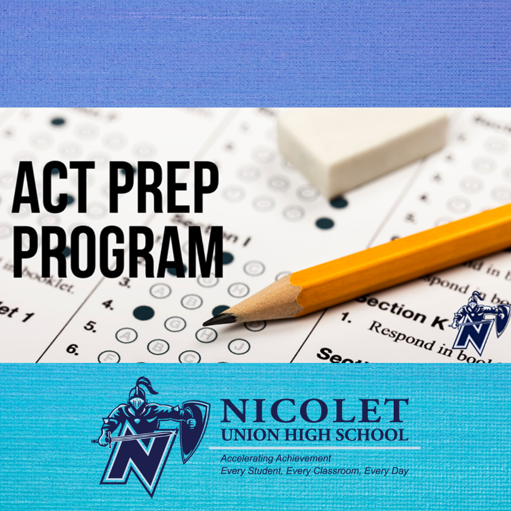 Blue background with ACT Prep Program text. Pencil and eraser on top of a test paper with bubbles marked.