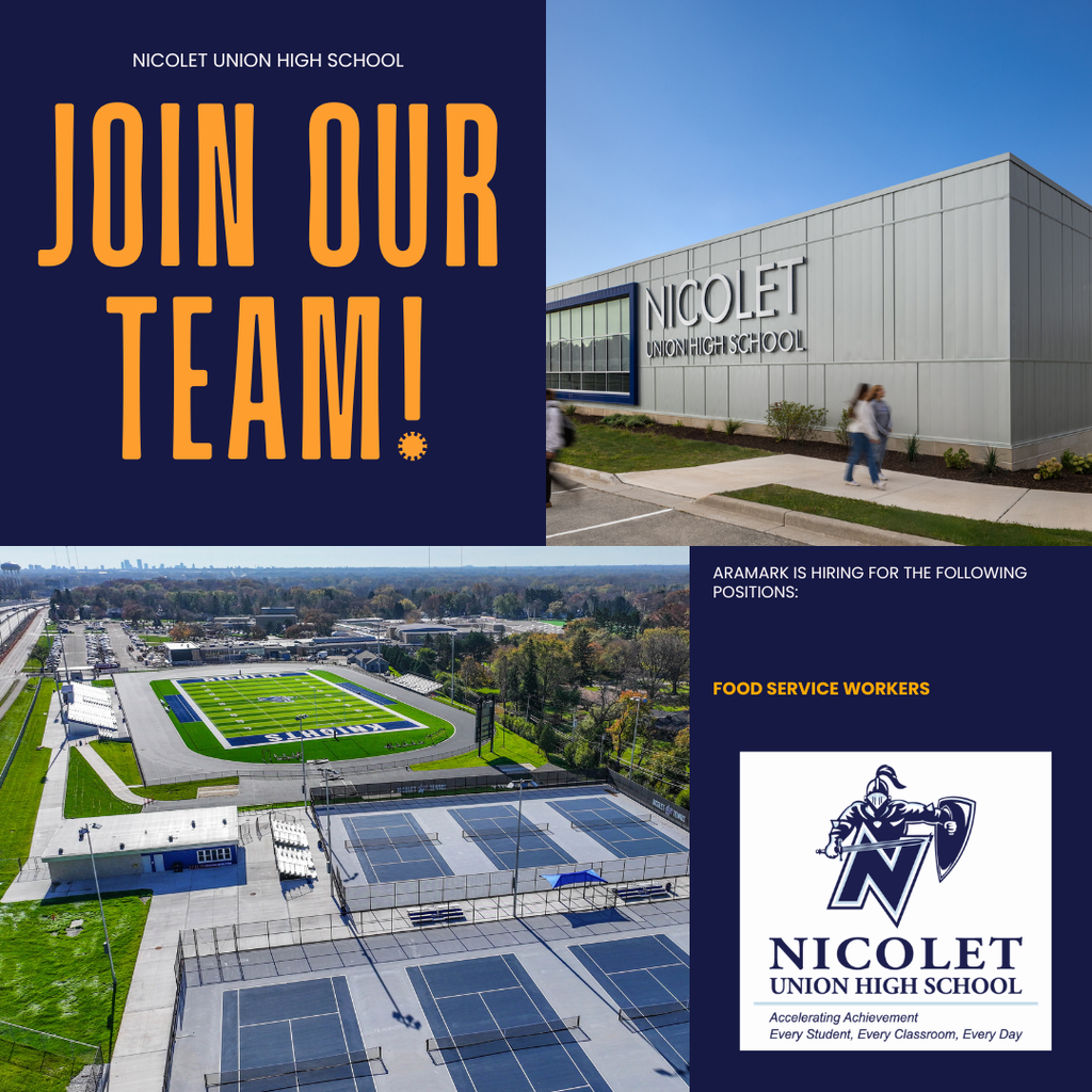 Advertisement for Nicolet Union High School. It features a building, a football field, and a logo.