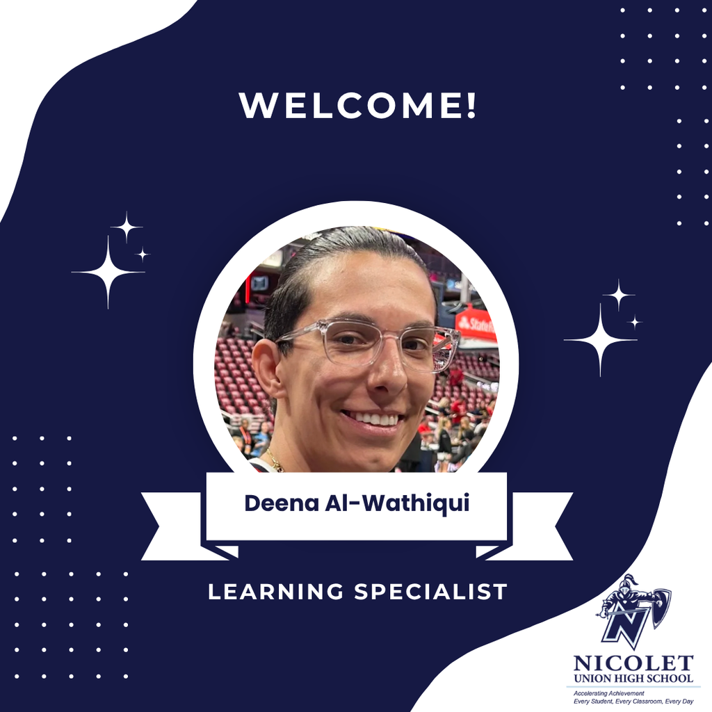 A blue background features an image of a smiling person wearing glasses. Below is text "Welcome!" and the name "Deena Al-Wathiqui" with "Learning Specialist."