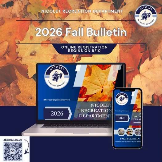 A laptop and mobile phone display the Nicolet Recreation Department's 2026 Fall Bulletin. Leaves are in the background.