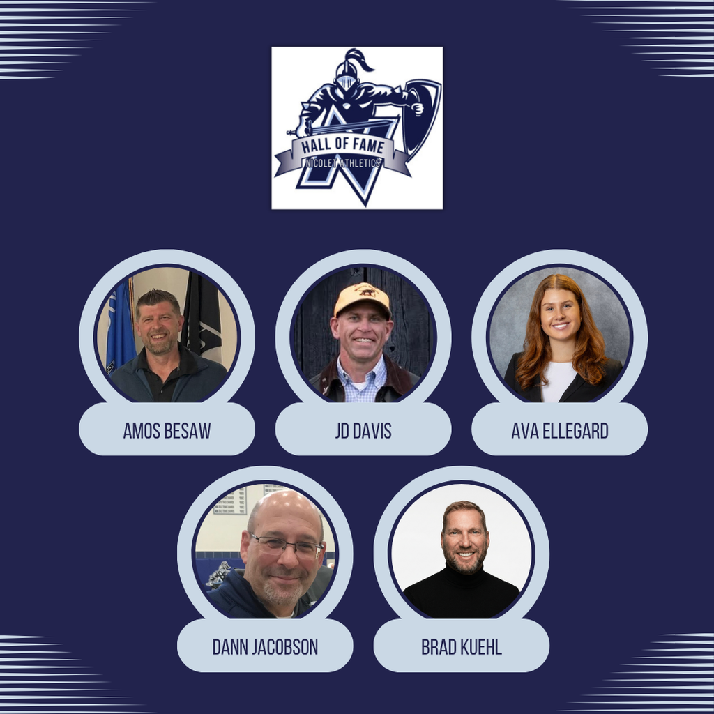 A blue background with white text. A shield logo is at the top. Six people are in circles, with names below.