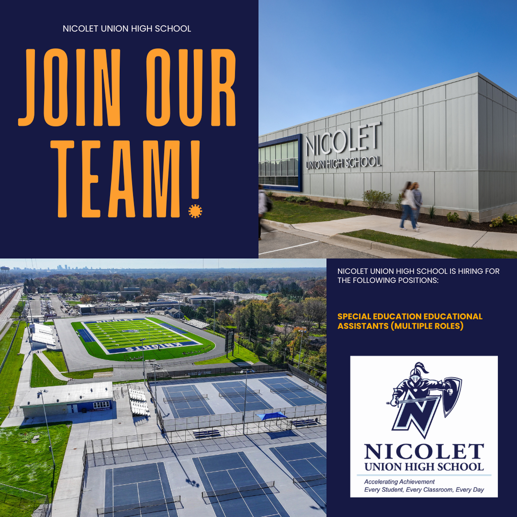 Recruitment poster for Nicolet Union High School. Text reads "JOIN OUR TEAM!" A school building and athletic field are shown.