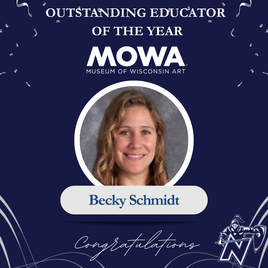 Blue background with "OUTSTANDING EDUCATOR OF THE YEAR" text. A photo of Becky Schmidt is centered. "MOWA" and "CONGRATULATIONS" text below her photo.