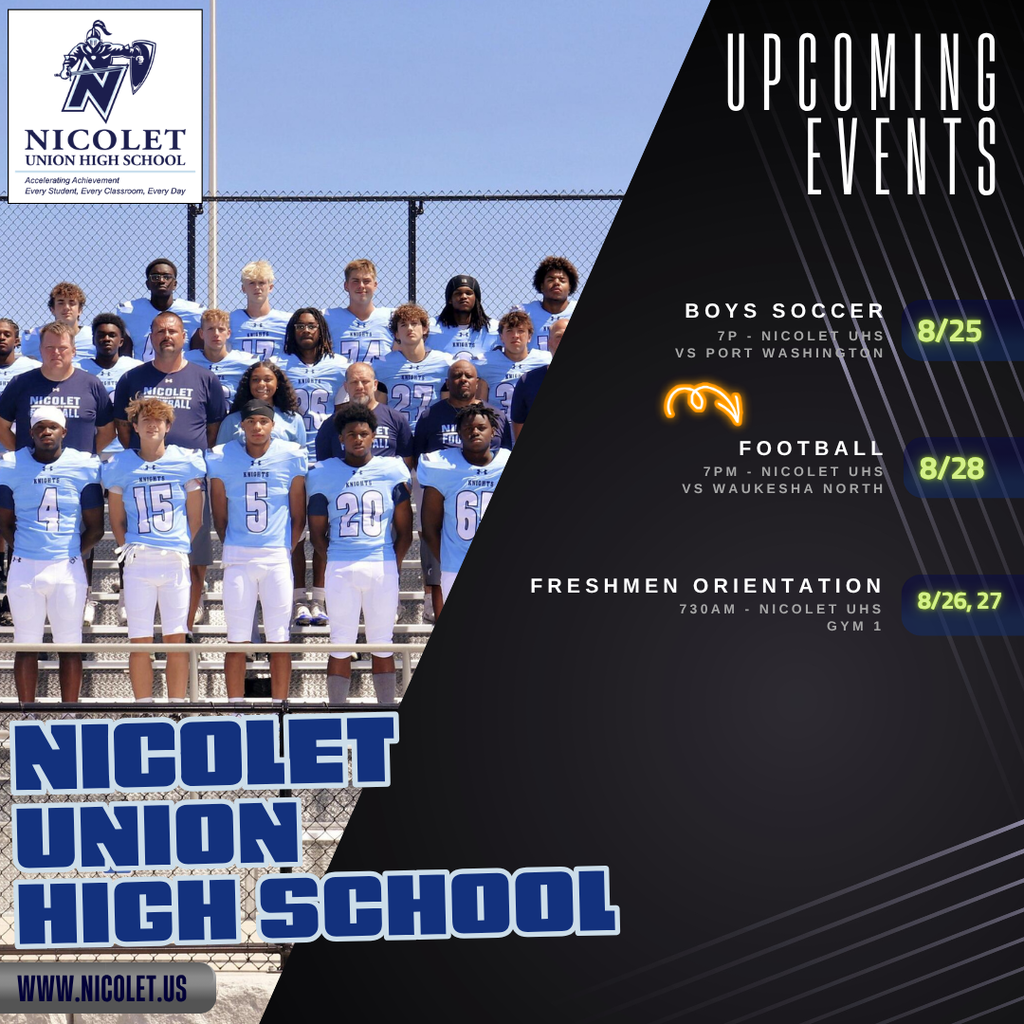 A flyer for Nicolet Union High School shows a team photo of players in blue jerseys with event details.