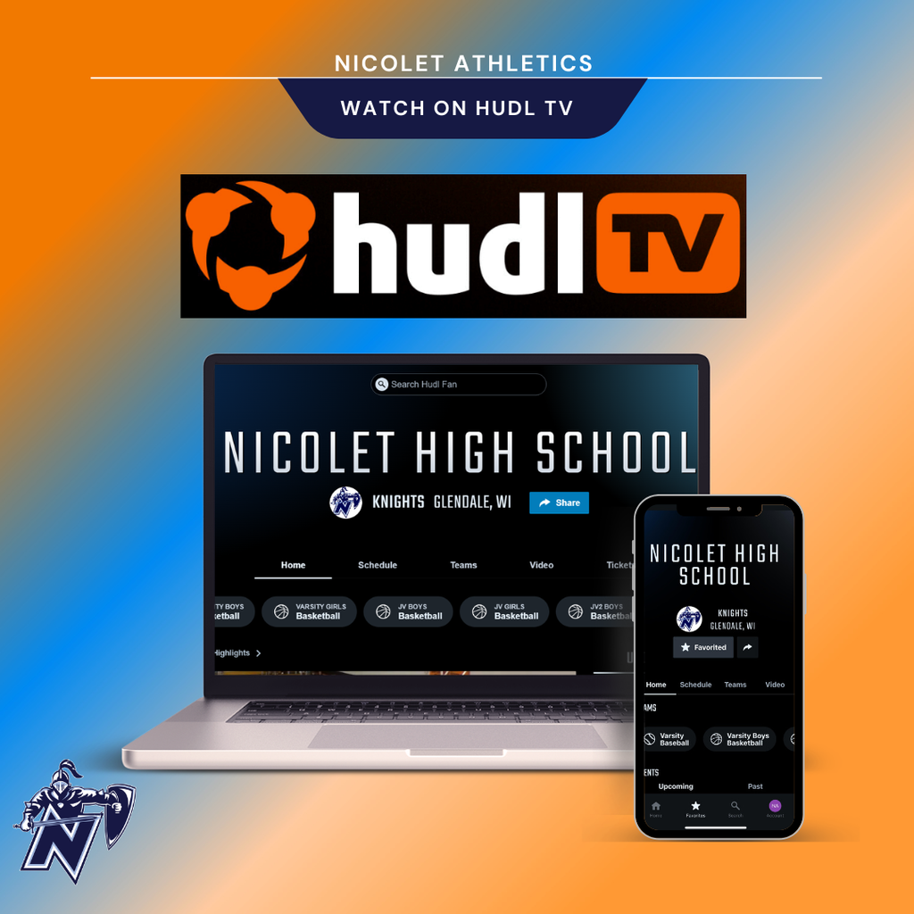 An open laptop displaying "Nicolet High School" on screen, next to a smartphone with Hudl TV app open.