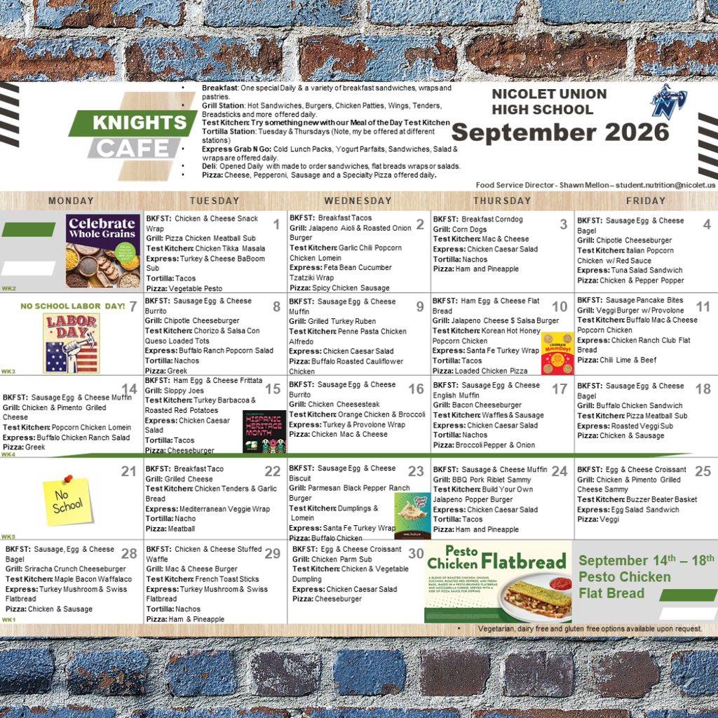 A calendar for September 2026 is displayed against a brick wall. It shows weekly menus and highlights special events.