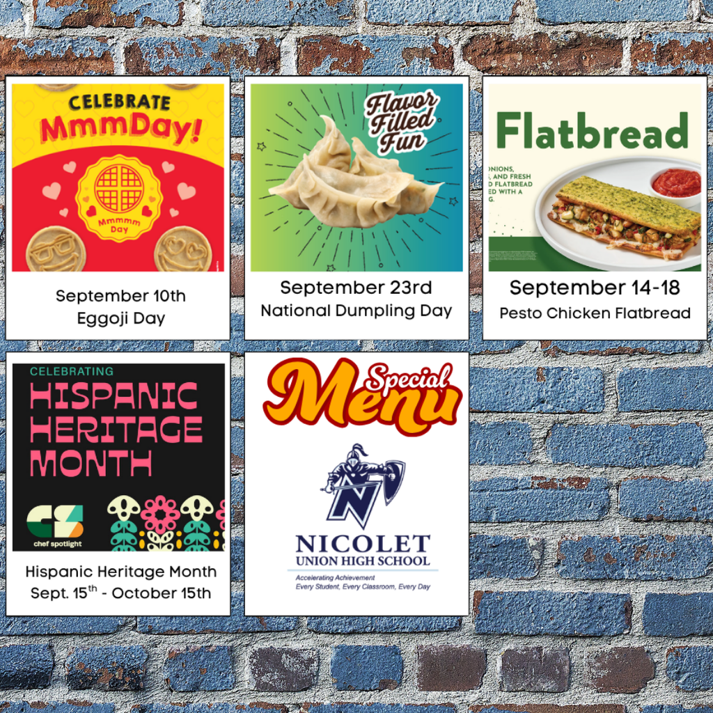 Five colorful posters on a blue brick wall. Posters contain event names and dates.