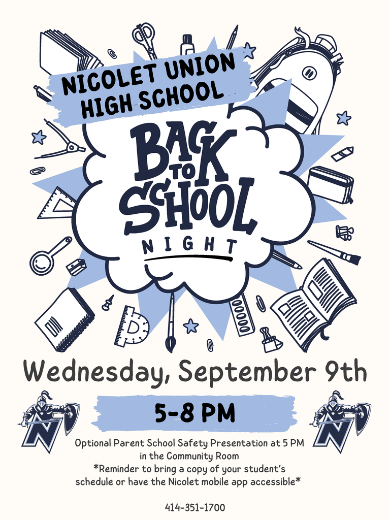 A flyer for Nicolet Union High School's Back to School Night on September 9th, 5-8 PM. The design includes school items and a cloud.
