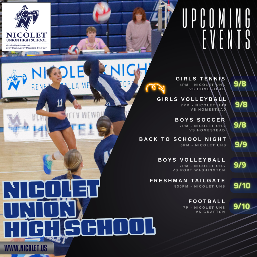 A flyer for Nicolet Union High School lists upcoming sports events, including volleyball and soccer matches, and a tailgating event.