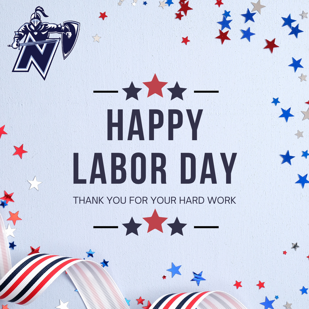 A white background with red, white, and blue stars. A logo, "Happy Labor Day" text, and "Thank you for your hard work" text.