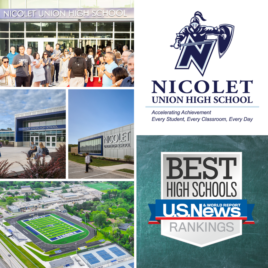 Four images: a school, logo, ranking badge, and aerial view of a sports field with Nicolet Union High School.